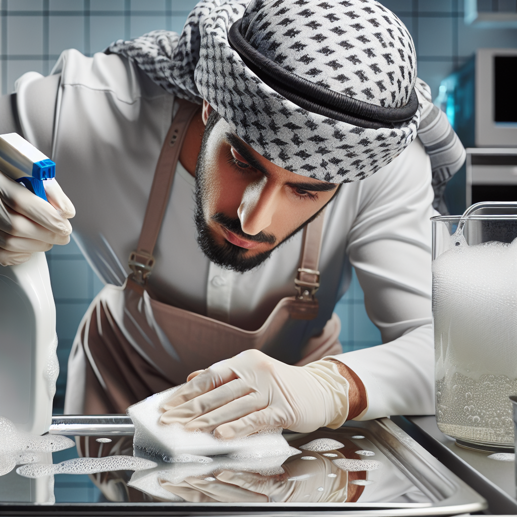 A person wearing protective gloves gently cleaning a dull, stained aluminum surface (like a part of a window frame or a kitchen appliance) with a soft, damp cloth dipped in soapy water. In the background, out of focus, a bucket with suds and a bottle of mild dish soap. Bright, clean lighting, realistic photo.