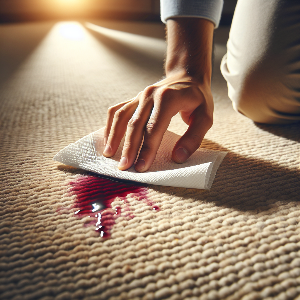 Close-up of a freshly spilled red wine stain on a light beige carpet, with a human hand gently blotting the liquid with a white paper towel. Focus on the immediate action of stain removal, with soft, natural lighting.
