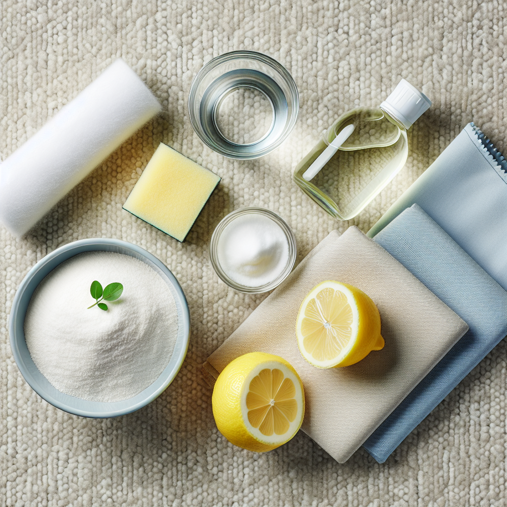 A visually appealing flat lay of various natural cleaning agents on a light-colored carpet. Include an open box of baking soda, a bottle of white vinegar, a lemon cut in half, and a clean microfiber cloth. The carpet around the items should appear spotless and fresh, symbolizing effective home remedies. Bright, clean aesthetic.