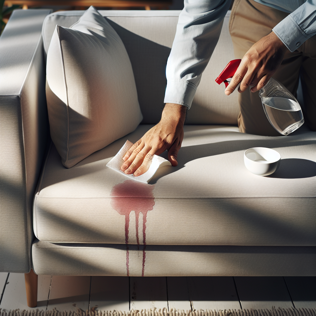A modern, light-colored fabric sofa in a bright living room. A fresh, noticeable red wine stain is visible on one of the seat cushions. A hand, gently holding a white paper towel, is carefully blotting the stain, not rubbing it. A small bowl with a clear liquid and a clean microfiber cloth are placed on a nearby coffee table. Emphasize the natural light and a realistic, clean aesthetic.
