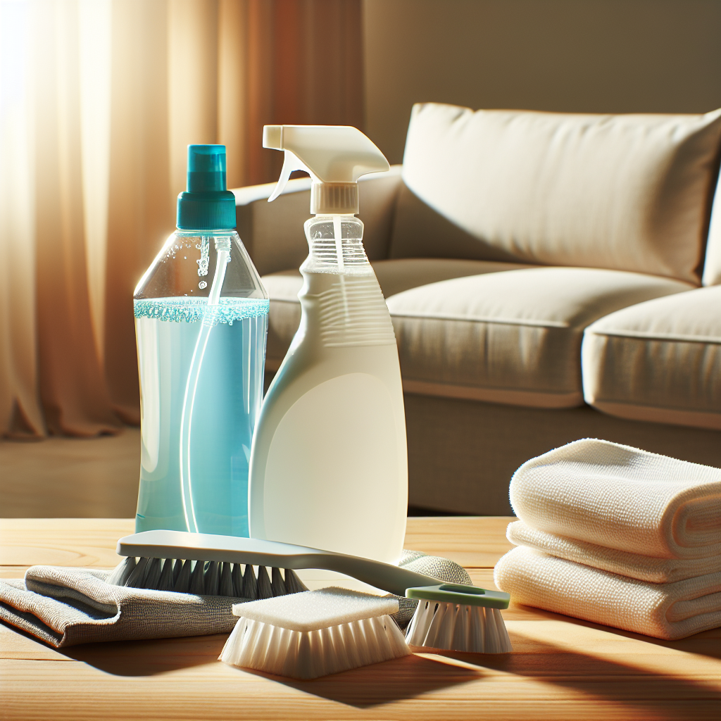 A close-up of a neatly arranged collection of common household cleaning items on a wooden surface, next to a perfectly clean and inviting fabric couch. The items include a bottle of dish soap, a spray bottle filled with water, a clean white microfiber cloth, and a soft brush. The couch fabric looks fresh and spotless in the background. Bright, warm lighting with a focus on natural, everyday objects.