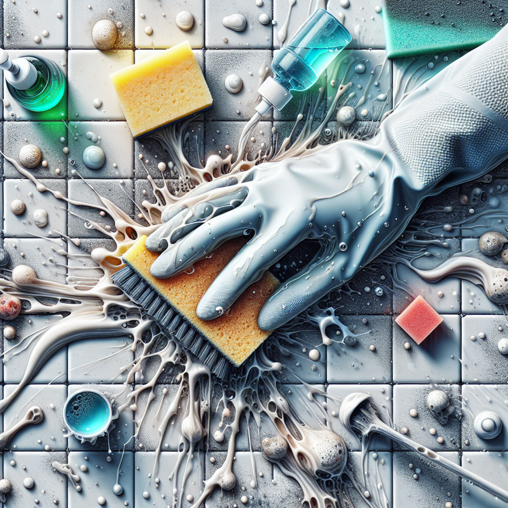 A close-up, dynamic shot showing various common stains like grease splatters, limescale marks, and a small paint drop on modern kitchen and bathroom tiles. A hand, wearing a practical glove, is actively scrubbing one of the stains with a soapy sponge, demonstrating effective cleaning. Bright, clean aesthetic, photorealistic.