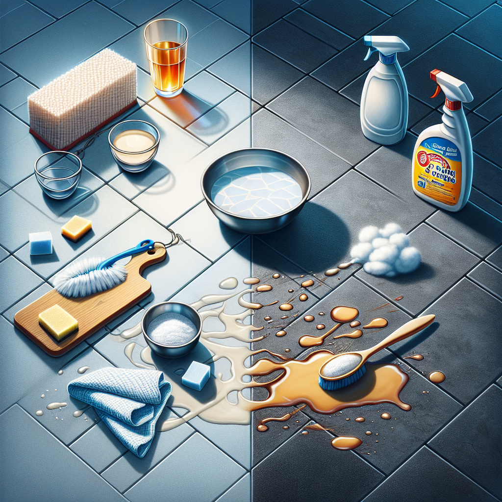 A practical and bright scene in a kitchen. One section of clean, shiny floor tiles, and an adjacent section with a visible, stubborn grease stain. Next to the stain, a small bowl of baking soda paste, a spray bottle filled with vinegar solution, and a clean microfiber cloth are neatly arranged, ready for use. Photorealistic, emphasizing DIY cleaning solutions and home remedies.