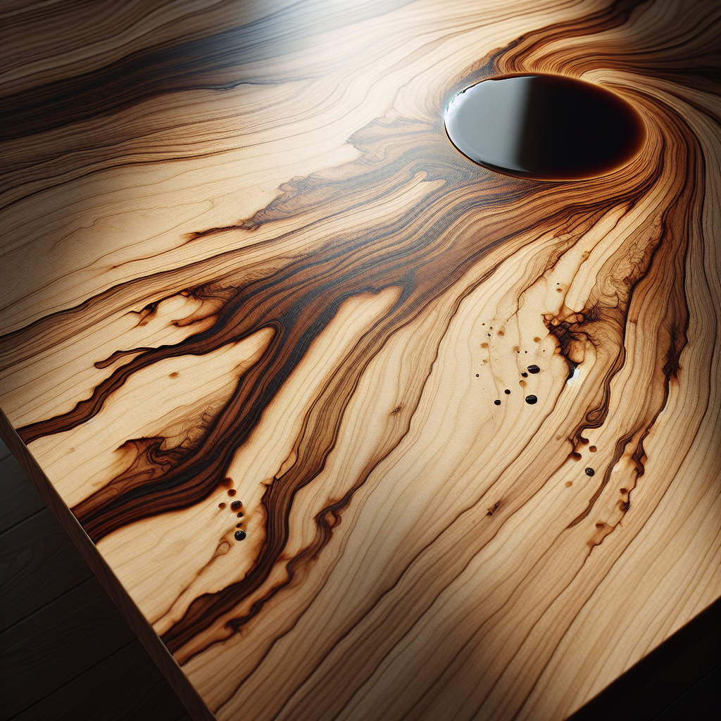 A close-up, high-angle shot of a beautiful, polished wooden tabletop with a prominent, dark coffee stain clearly visible. The intricate wood grain is noticeable, and the stain significantly detracts from the wood's otherwise pristine beauty. Realistic photo, natural lighting, slightly melancholic but elegant aesthetic.