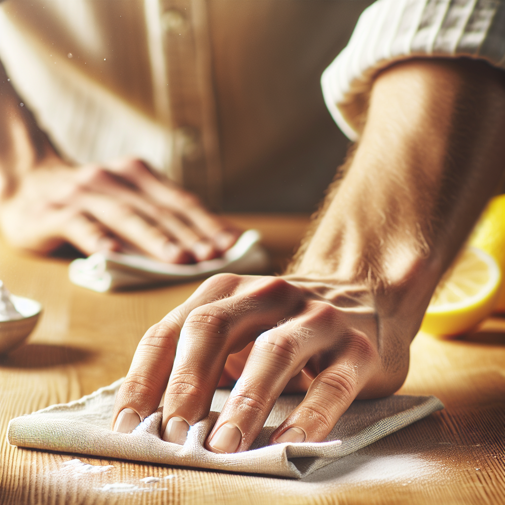 A close-up of gentle hands carefully cleaning a wooden surface with a soft, clean cloth, actively wiping away a subtle stain. In the softly blurred background, natural home remedies such as half a lemon and a small bowl of white powder (like baking soda) are subtly arranged. The scene has a bright, clean, and hopeful atmosphere, emphasizing effective, natural cleaning. Realistic photo.