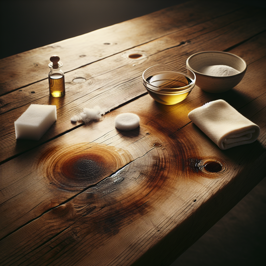 A beautifully lit close-up shot of a rustic wooden dining table surface featuring various common stains: a distinct light water ring, a small dark grease spot, and a subtle coffee stain. Neatly arranged next to the stains are natural cleaning supplies: a soft white microfiber cloth, a small ceramic bowl filled with white baking soda, and a small glass bottle of olive oil. The scene should be warm, inviting, and emphasize natural light, with a shallow depth of field to focus on the table and items. Realistic photography style.