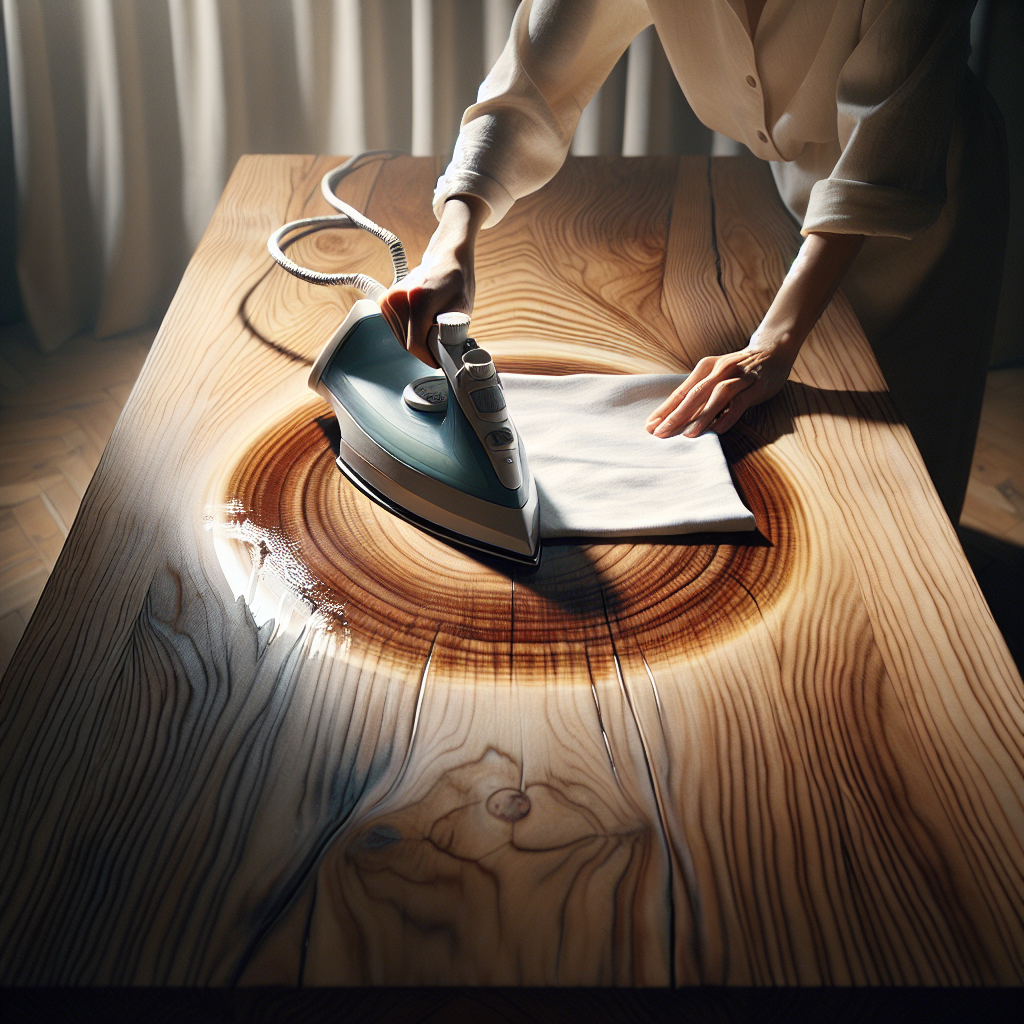 A close-up, high-angle shot focusing on hands gently using a warm, non-steam iron over a dry white cotton cloth, which is placed directly on a distinct light water stain ring on a polished, natural wooden table. The surrounding table surface is clean and slightly reflective. The image should convey a sense of careful action and effectiveness. Natural light, soft focus in the background, realistic photography style.