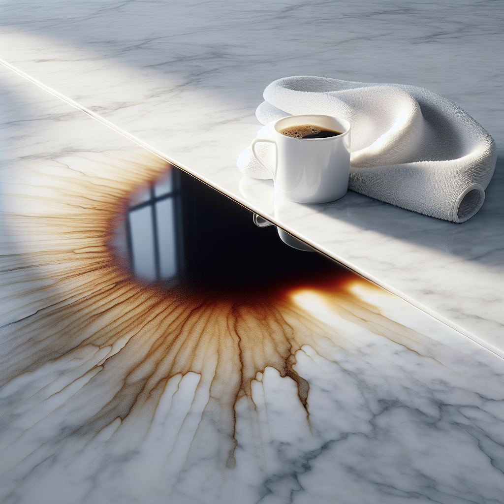 A luxurious, polished white marble countertop split into two halves: one side is marred by a prominent, dark coffee stain, making it look dull; the other side is perfectly clean, gleaming brightly and reflecting soft light, showcasing its pristine elegance. A clean, soft microfiber cloth is subtly placed nearby. High contrast, realistic, exquisite detail, natural light.