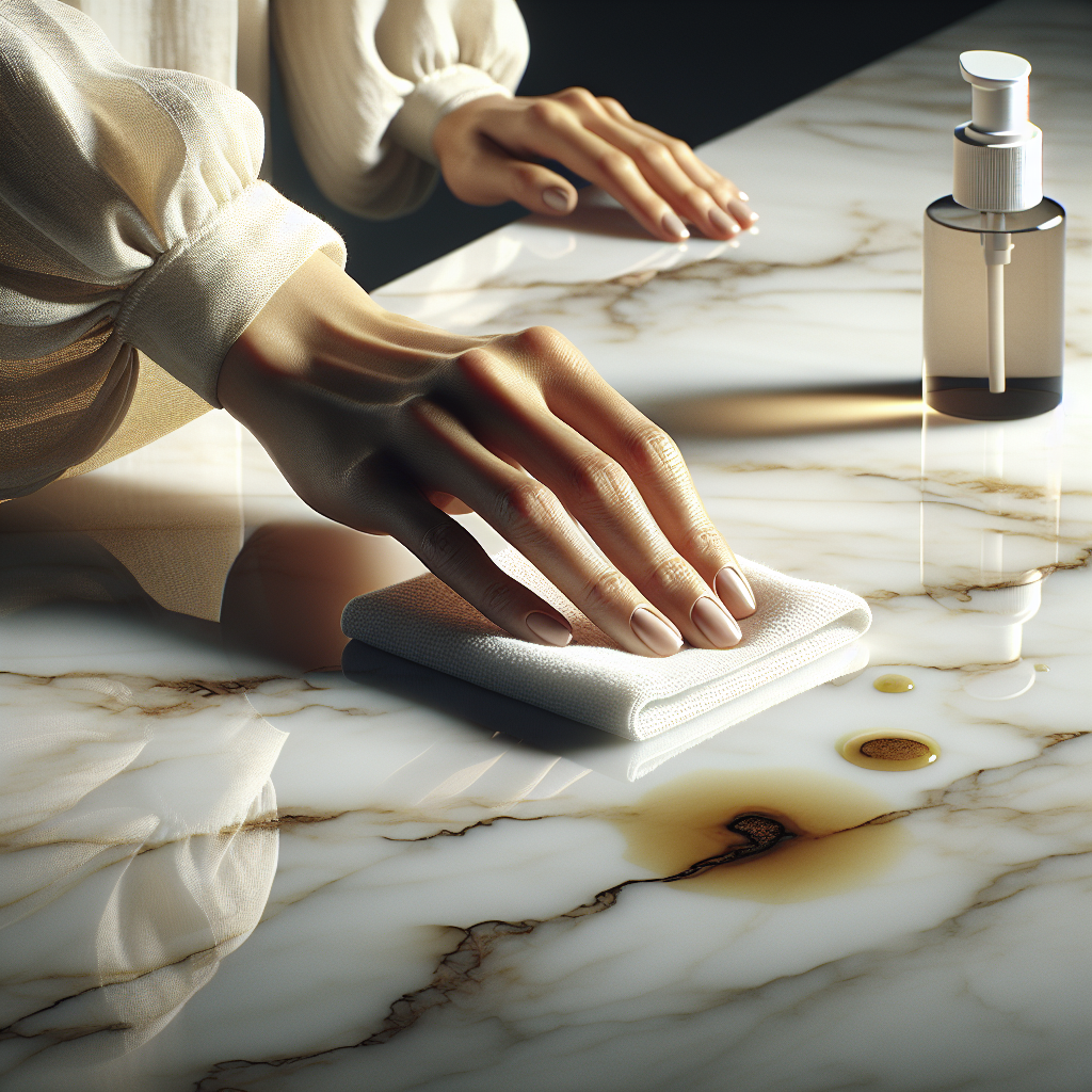 Close-up of a beautifully veined white marble surface featuring several small, distinct household stains: a dark coffee drip, a faint yellow oil spot, and a subtle water ring. A gentle hand, holding a soft, damp cloth, is carefully wiping away one of the stains. A small, elegant bottle of eco-friendly cleaning solution is blurred in the background. Emphasizes delicate care, natural lighting, and high-resolution detail.
