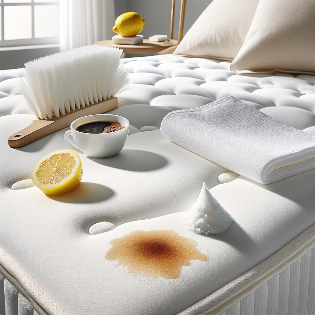 A close-up, bright, realistic photograph of a pristine white mattress with a fresh, light brown coffee stain. Next to the stain, a small pile of baking soda and a lemon half are artfully arranged, alongside a clean, white microfibre cloth. The lighting is soft and natural, emphasizing cleanliness and the effectiveness of home remedies. The background is a subtly blurred bedroom setting.