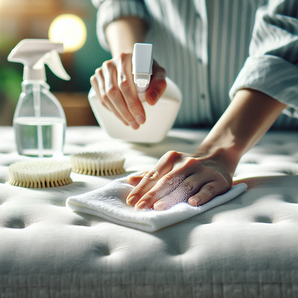 A high-angle, realistic shot capturing a hand gently dabbing a fresh liquid stain on a clean, light-colored mattress with a white, damp cloth. The scene is bright and well-lit, highlighting the process of cleaning. In the background, slightly out of focus, are natural cleaning ingredients like a spray bottle with a homemade solution label (e.g., 'Essig & Wasser') and a small bowl, suggesting effective and simple stain removal methods.