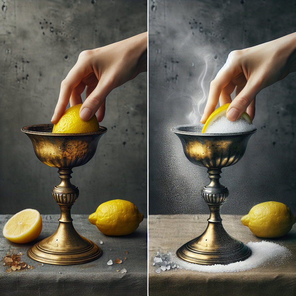 A close-up shot of a hand actively polishing a tarnished antique brass candlestick with a lemon half and a sprinkle of salt. One side of the candlestick is already gleaming and shiny, while the other still shows dark, dull oxidation spots. The scene is well-lit with natural light, highlighting the transformation. Realistic, detailed photography.