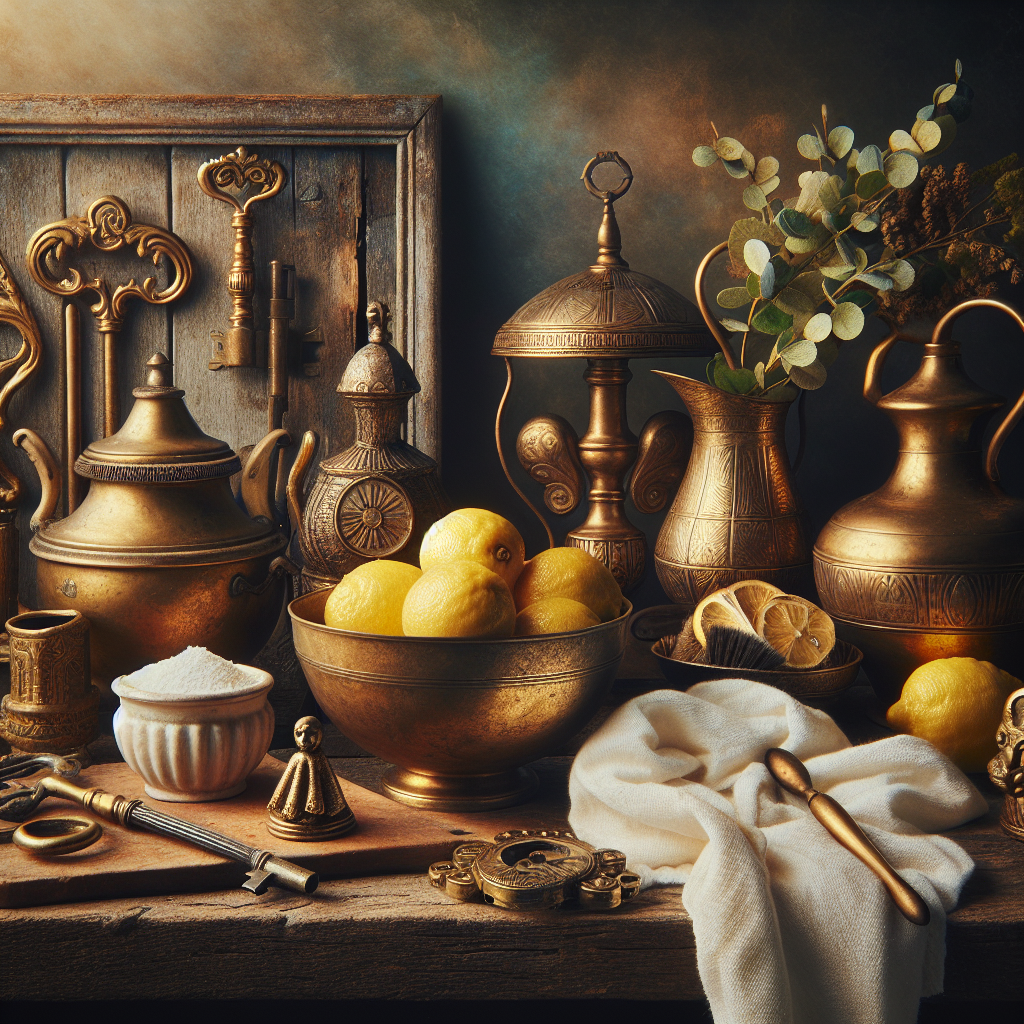 A still life composition featuring a collection of various brass objects on a rustic wooden table. Some objects, like an old brass key or a small statue, exhibit subtle signs of tarnish, contrasting with a perfectly polished brass vase and a shiny door handle. Nearby are natural cleaning ingredients like a bowl of lemons, a small pile of baking soda, and a soft cleaning cloth. Warm, inviting atmosphere with soft, natural lighting.