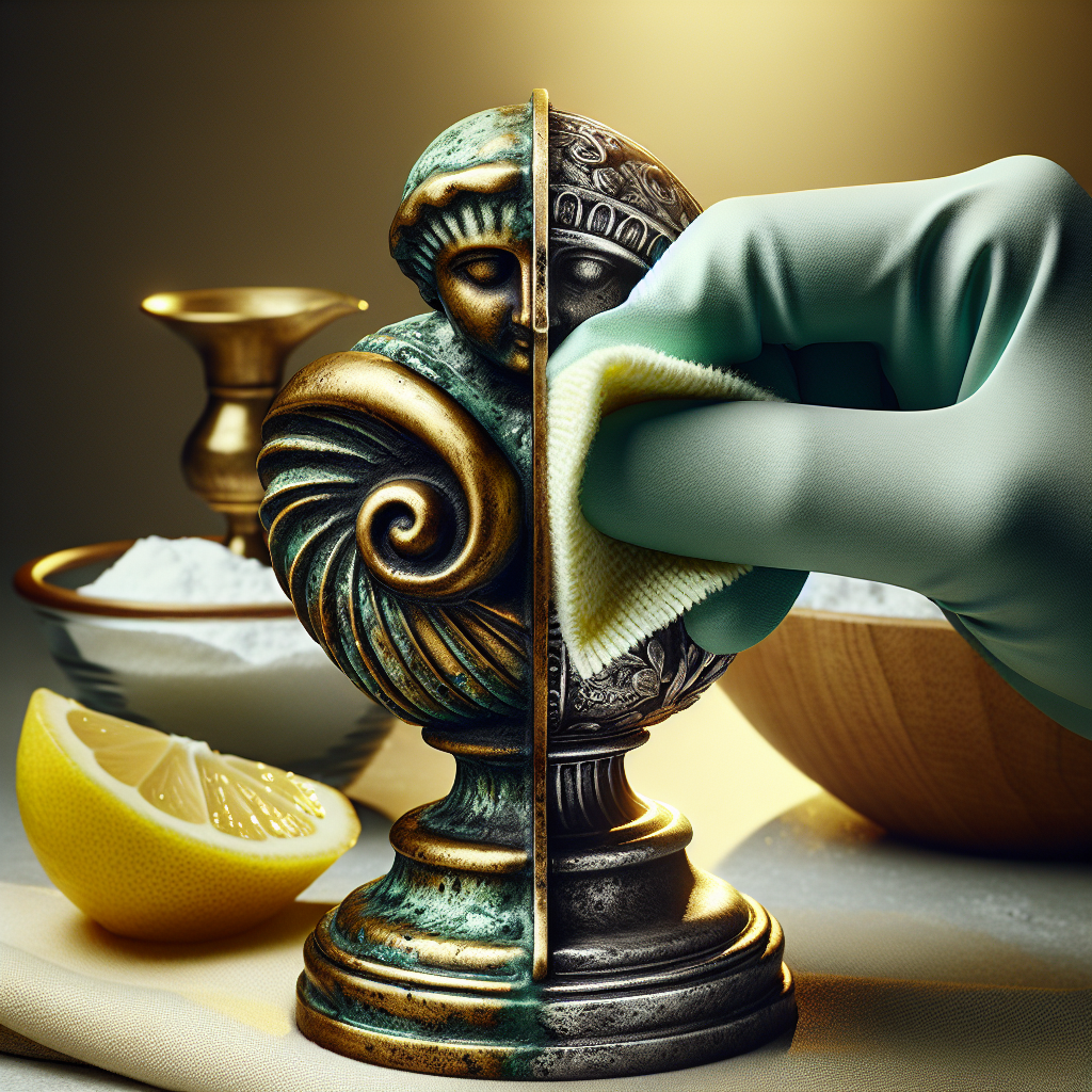 A close-up, dramatic shot of an antique brass decorative item (e.g., a small statue or candlestick). One side is visibly tarnished with dark green patina and dull spots, while the other side gleams brilliantly, polished to a high shine. A gentle hand wearing a protective glove is subtly wiping the polished side with a soft cloth. In the blurred background, natural light highlights a lemon wedge and a bowl of baking soda, hinting at the cleaning process. Photorealistic, high contrast, clean aesthetic.