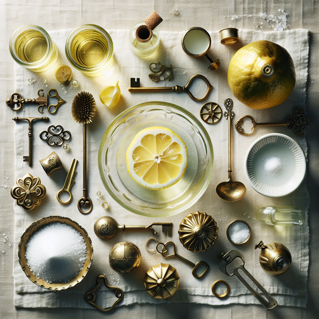 An artistic flat lay photograph showcasing common household cleaning remedies for brass. In the center, a collection of ingredients: a halved lemon, a small glass bowl with white vinegar, a sprinkle of baking soda, and a pinch of salt. Arranged around these ingredients are small, elegant brass items – perhaps a vintage key, a small bell, and a polished brass knob – catching the soft natural light. The overall mood is clean, fresh, and inviting, with a focus on natural solutions. High detail, bright and airy.