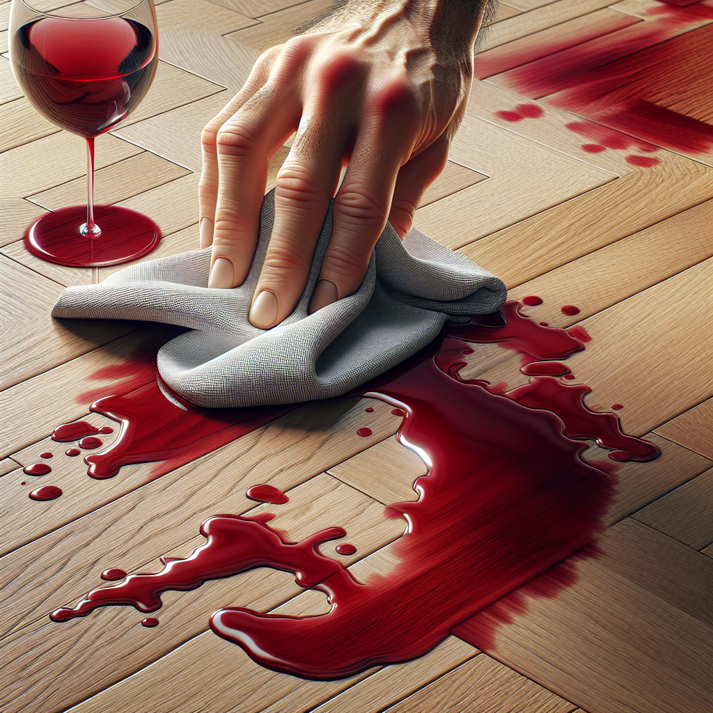 A close-up, high-angle shot of a luxurious, light brown parquet floor with a fresh, vivid red wine spill. A human hand is carefully dabbing the spill with a clean, white microfibre cloth. The lighting is natural and bright, highlighting the texture of the wood and the liquid. Realistic, detailed photograph, shallow depth of field.