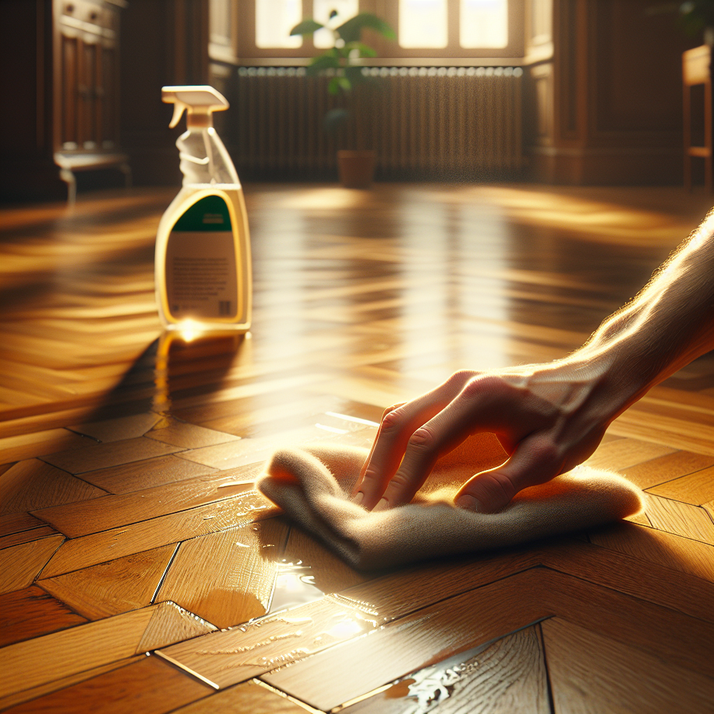 A beautifully restored, clean wooden parquet floor, with a soft, warm glow reflecting from its polished surface. In the foreground, a gentle human hand is wiping away a subtle, almost invisible water stain with a soft, damp cloth. A small, generic bottle of floor cleaner is subtly visible in the background. The scene conveys freshness and care. Realistic, inviting photograph, natural light.