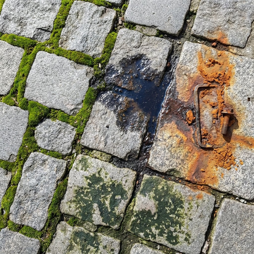 A close-up, slightly aerial view of a section of weathered grey paving stones. Each stone or group of stones exhibits a distinct, common type of stain: vibrant green moss creeping along grout lines, a dark, viscous oil spill, orange-brown rust marks from a discarded metal object, and a patchy, dark-green algal growth. The overall impression is one of neglect and various challenges needing attention. Professional photo with high detail and natural lighting.