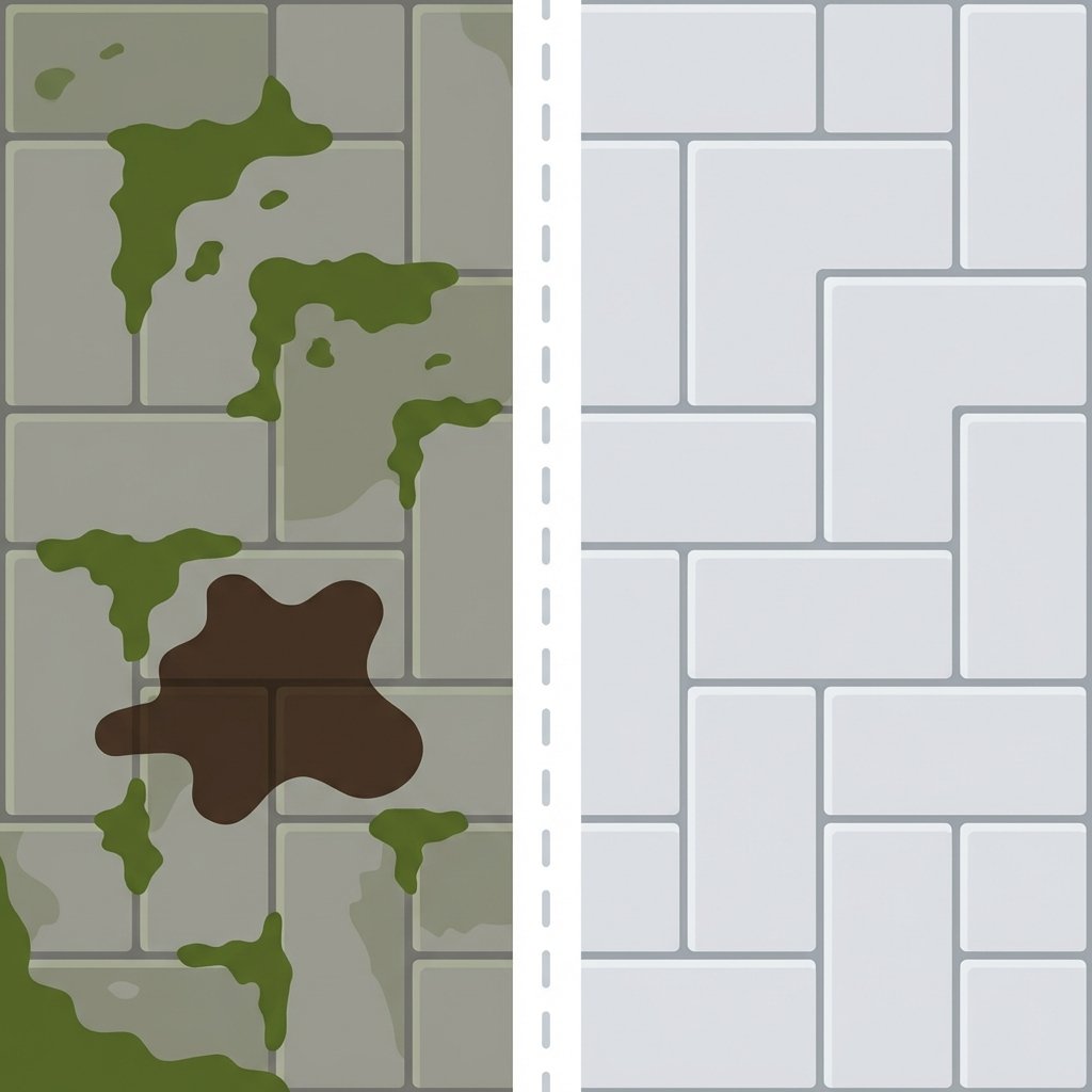 A clean, bright flat illustration depicting a 'before and after' scenario on a section of paving stones. The left half shows a segment of grey paving stones heavily covered with patches of green moss and a prominent dark oil stain. The right half shows the identical segment of paving stones completely clean and bright, free of any stains, with a pristine, restored appearance. A subtle visual line separates the two contrasting states.
