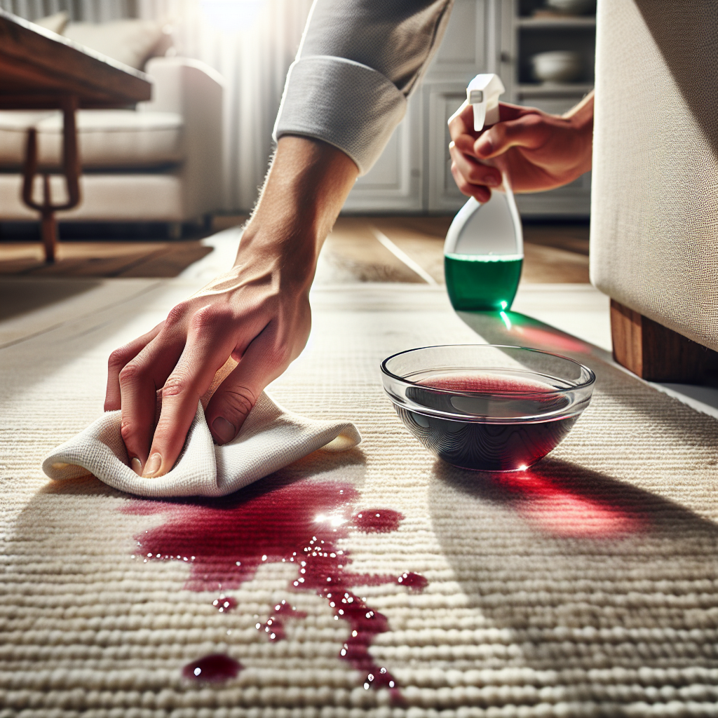 A close-up of a hand gently dabbing a fresh red wine stain on a light beige carpet with a white cleaning cloth. A small bowl of soapy water and a bottle of dish soap are visible in the soft-focus background. The scene is bright and shows a practical approach to stain removal, realistic photo style.
