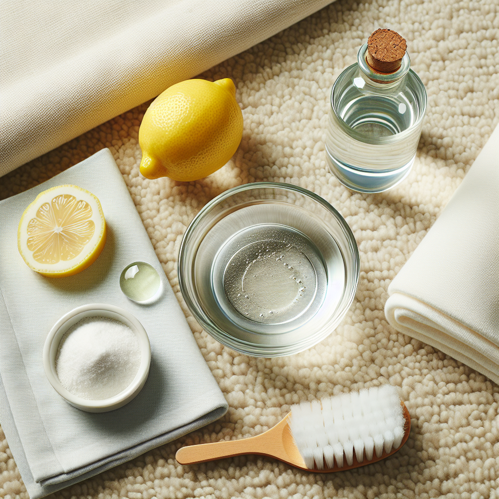 A flat lay shot on a soft, clean carpet, showcasing an array of natural home remedies for cleaning: a small glass bowl of water with a few drops of liquid soap, a white microfiber cloth, a lemon slice, and a small pile of baking soda. The composition is clean, bright, and inviting, symbolizing accessible solutions, high-resolution photography.