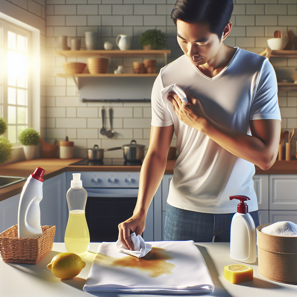 A person, mid-action, gently dabbing a fresh stain on a white t-shirt with a cloth. On a clean, well-lit kitchen counter in the background, there are various common household items for stain removal: a bottle of dish soap, a small bar of gall soap, a box of salt, and a lemon. The scene is bright, practical, and suggests successful stain removal, in a realistic photography style with warm lighting.