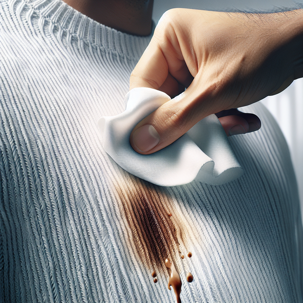 A close-up shot of a pristine white knit sweater with a small, visible coffee stain. A gentle hand is carefully dabbing the stain with a clean, damp white cloth, implying the process of removal. The background is soft and blurred, suggesting a clean, domestic environment. Realistic, soft natural lighting, high resolution.