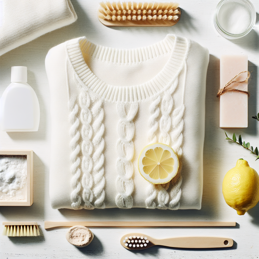 A bright, elegant flat lay composition featuring a perfectly folded white knitted sweater. Arranged neatly around it are various natural stain removal items: a sliced lemon, a small pile of baking soda, a bar of natural laundry soap (like Gallseife), and a small, soft brush. The setting is clean and minimalist, on a light wooden or marble surface. Overhead shot, high key lighting, natural and clean aesthetic.