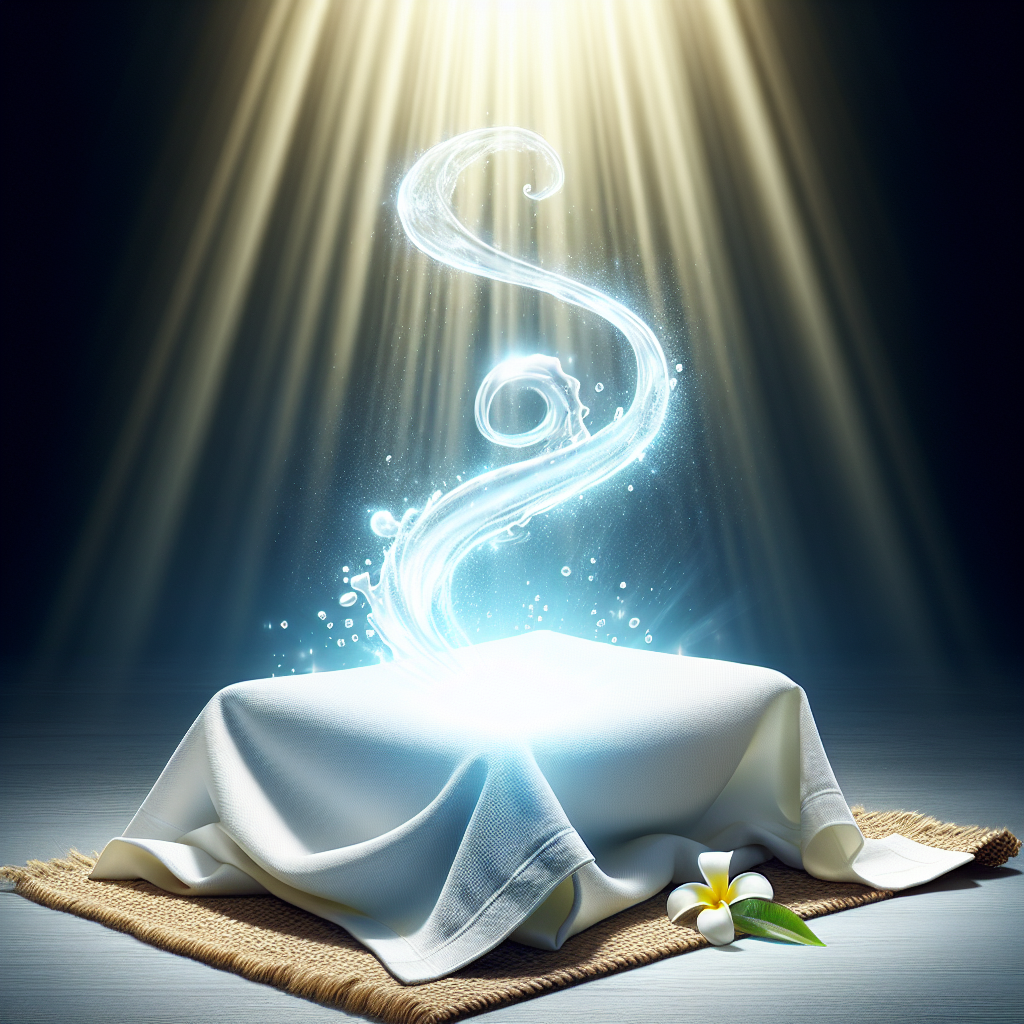 A pristine white fabric, perhaps a shirt or tablecloth, shimmering with a radiant glow where a stubborn stain has just been magically removed. A subtle, clear swirl of water or cleaning essence signifies the transformation, emphasizing successful stain removal and sparkling cleanliness. Bright, optimistic lighting, high detail.