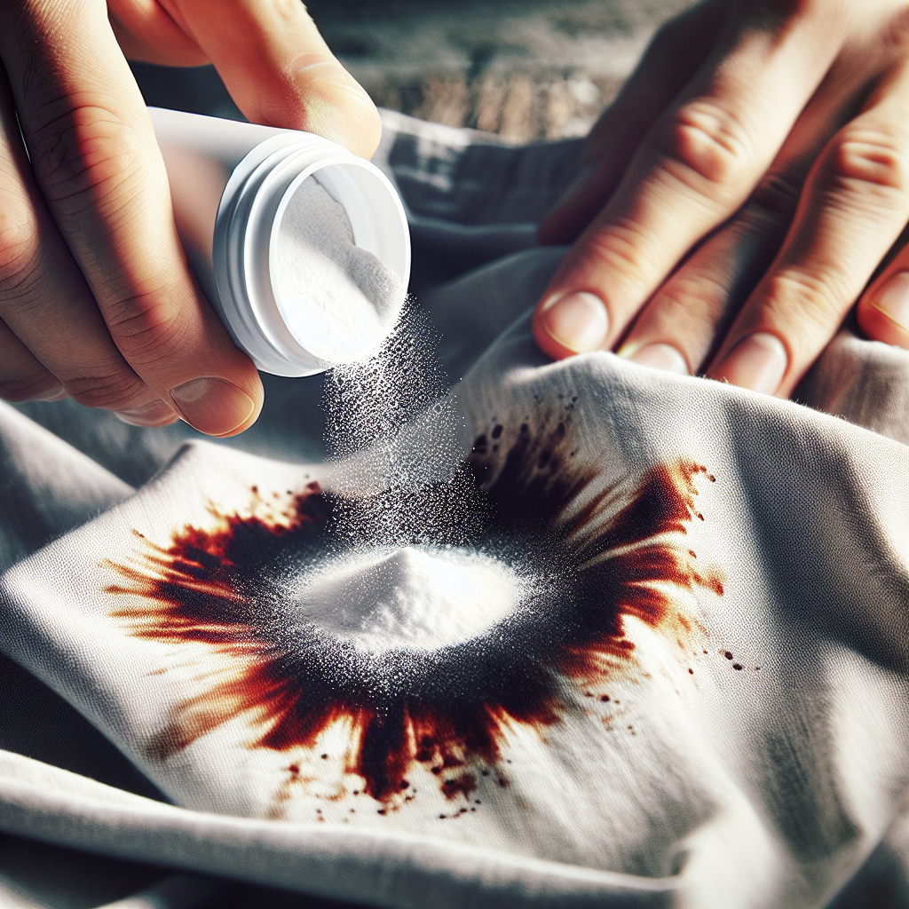 A close-up shot of hands gently sprinkling white baking soda powder onto a fresh, dark stain (like coffee or red wine) on a light-colored fabric, such as a shirt or tablecloth. The scene is bright, clean, and realistic, emphasizing the simple cleaning process. High-resolution, natural light.