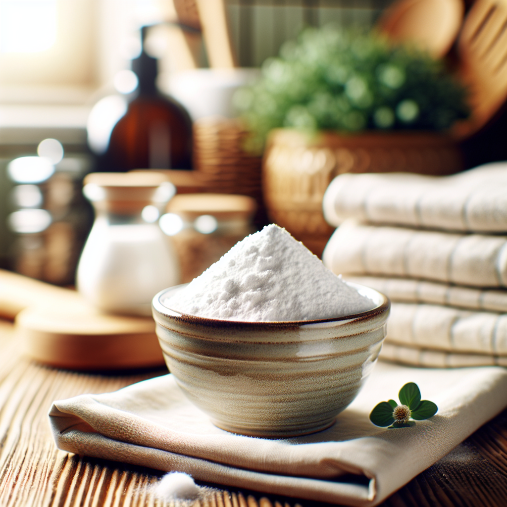 A small, rustic ceramic bowl filled with white baking soda powder, positioned on a clean wooden surface. Around it, sparkling clean household items are visible, such as a neatly folded light textile, a glistening kitchen tile, and a small, fresh green plant, conveying a sense of natural cleaning, freshness, and eco-friendliness. Bright, clean, inviting atmosphere.