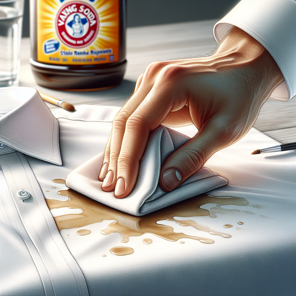 A close-up, high-angle shot of a hand gently dabbing a fresh coffee stain on a crisp white shirt with a clean, absorbent cloth. In the softly blurred background, bottles of vinegar and a box of baking soda are subtly visible, creating an atmosphere of effective and easy stain removal. The lighting is bright and clean, emphasizing a sense of freshness and success. Realistic, detailed.