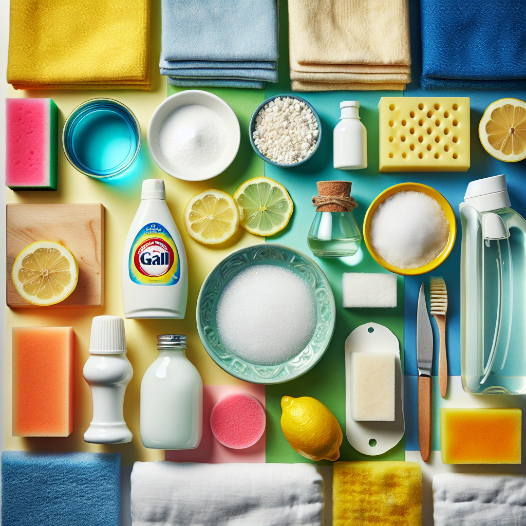 A vibrant flat lay composition showcasing an array of common household stain removal items: a bar of gall soap, a fresh lemon, a bottle of white vinegar, a box of baking soda, a clean sponge, and several absorbent cloths. These items are artfully arranged around a piece of slightly stained but mostly clean fabric (e.g., a white t-shirt or carpet sample), implying readiness for action and successful cleaning. Bright, overhead view, high detail, clean aesthetic.