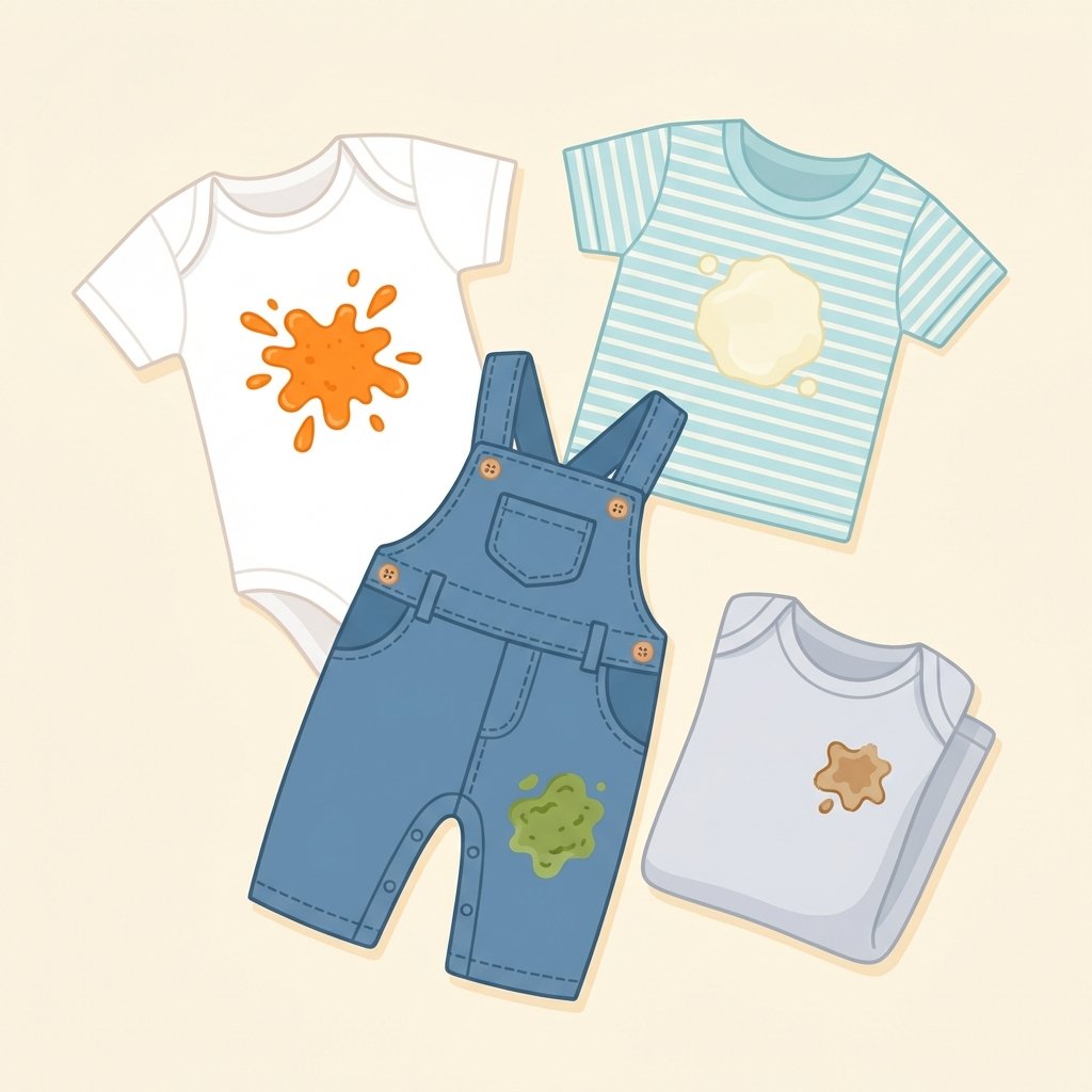 A vibrant, clean flat illustration showcasing various common stains on baby clothes. Multiple baby garments like a white bodysuit, a small t-shirt, and a pair of tiny overalls are artfully arranged on a light background. Each garment displays a distinct, representative stain: a bright orange carrot puree splash, a light yellow breast milk stain, a greenish spinach smudge, and a small brown, dried-on 'surprise' stain. The overall impression is playful and relatable, highlighting the challenges parents face without being messy or unhygienic. The color palette is soft yet distinct for each stain.