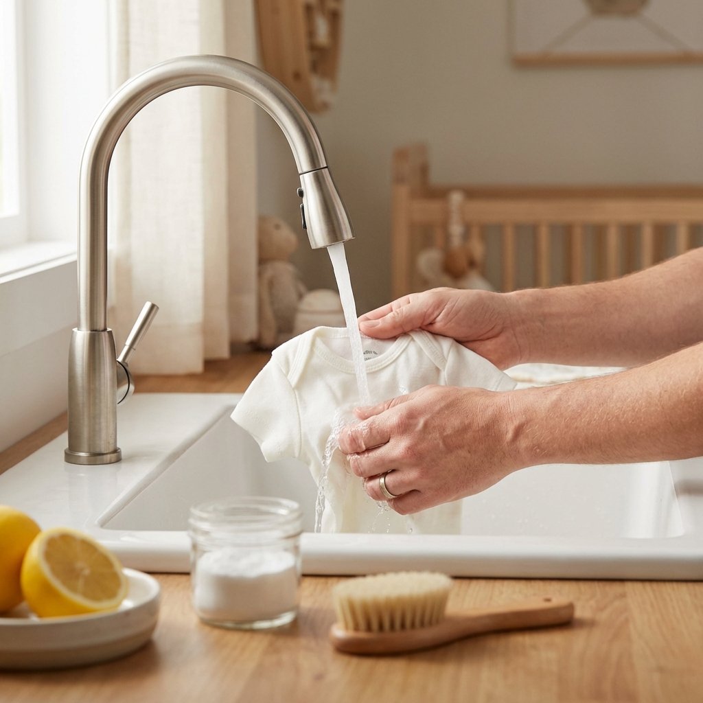 A professional, warm-toned photo illustrating gentle stain removal for baby clothes. Focus on a pair of small, clean, white baby pants or a onesie being carefully held by a parent's hands, gently rinsed under a soft stream of water from a modern sink faucet. In the foreground, subtly blurred, are natural cleaning agents like half a yellow lemon, a small pile of white baking soda, and a gentle, eco-friendly laundry brush. The image conveys care, softness, and effective yet safe cleaning methods, emphasizing the protection of sensitive baby skin. Soft, natural lighting enhances the gentle atmosphere.