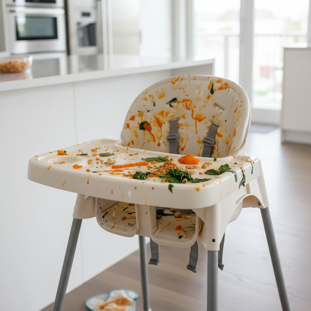 A professional, clean photographic style image showing a common baby high chair made of white or light-colored plastic. The high chair's tray and seat are visibly stained with remnants of colorful baby food like orange carrot puree, green spinach, and milky splatters, creating a realistic depiction of a messy post-meal situation. The background is a bright, modern kitchen, subtly blurred. The focus is on the messy chair, conveying the 'problem' addressed by the article.