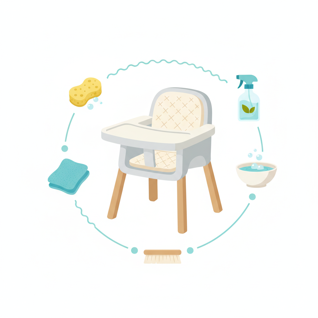 A vibrant, flat illustration in an infographic style depicting the various cleaning methods and tools for a baby high chair. The central element is a simplified, clean high chair that subtly blends elements of plastic, wood, and fabric to represent different materials. Around it, arranged in an organized, flowing manner, are icons of cleaning items: a sponge, a microfibre cloth, a spray bottle with water and vinegar, a small bowl of soapy water, and a soft brush. The color palette is fresh and inviting, emphasizing ease and efficiency.