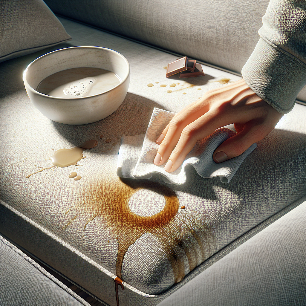 A realistic close-up of a modern, light-colored fabric couch with a variety of common, fresh stains: a spilled coffee cup ring, a chocolate smudge, and a small ink spot. In the foreground, a hand gently dabs one of the stains with a white microfiber cloth, and a small bowl of water with a hint of neutral soap is nearby. The scene is well-lit, conveying a sense of practical cleaning action and the urgency of treating fresh stains. High-quality photography.