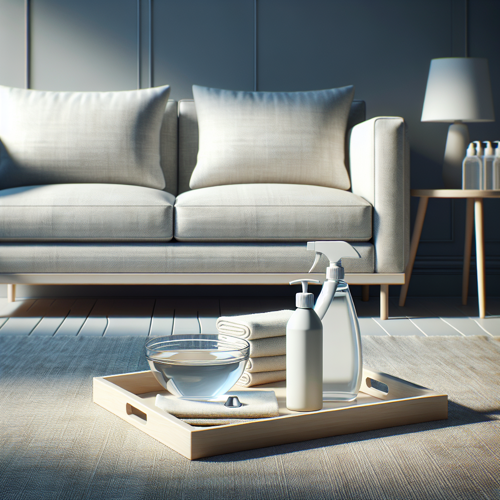 A clean, pristine fabric couch in a bright, modern living room. In the foreground, neatly arranged on a small wooden tray, are simple cleaning tools: a glass bowl with water, a pump bottle of neutral soap, a soft white cleaning cloth, and a small sponge. The overall atmosphere is fresh, clean, and inviting, suggesting successful stain removal and a well-maintained home. High-quality, realistic photography.