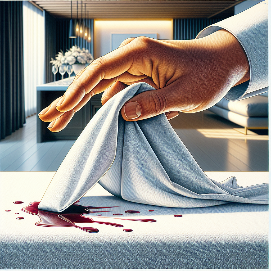A close-up shot of a hand gently dabbing a fresh red wine stain on a white tablecloth with a clean cloth. The background shows a modern, bright kitchen or dining area, suggesting a common household scenario. Emphasize the softness of the fabric and the focused action. Realistic, high detail, natural lighting.