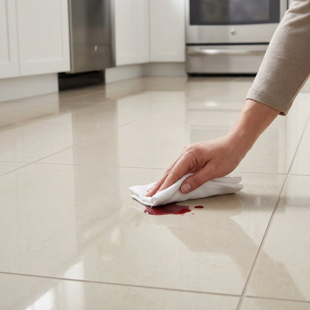 A professional photo capturing a modern, clean kitchen floor made of light-colored porcelain stoneware tiles. In the foreground, a small, freshly spilled red wine stain is visible on one tile. A hand holding a clean, white paper towel or cloth is gently dabbing at the liquid, illustrating the principle of immediate action without rubbing. The lighting is bright and even, highlighting the tile's smooth, reflective surface. The background remains slightly out of focus, maintaining the focus on the cleaning action.