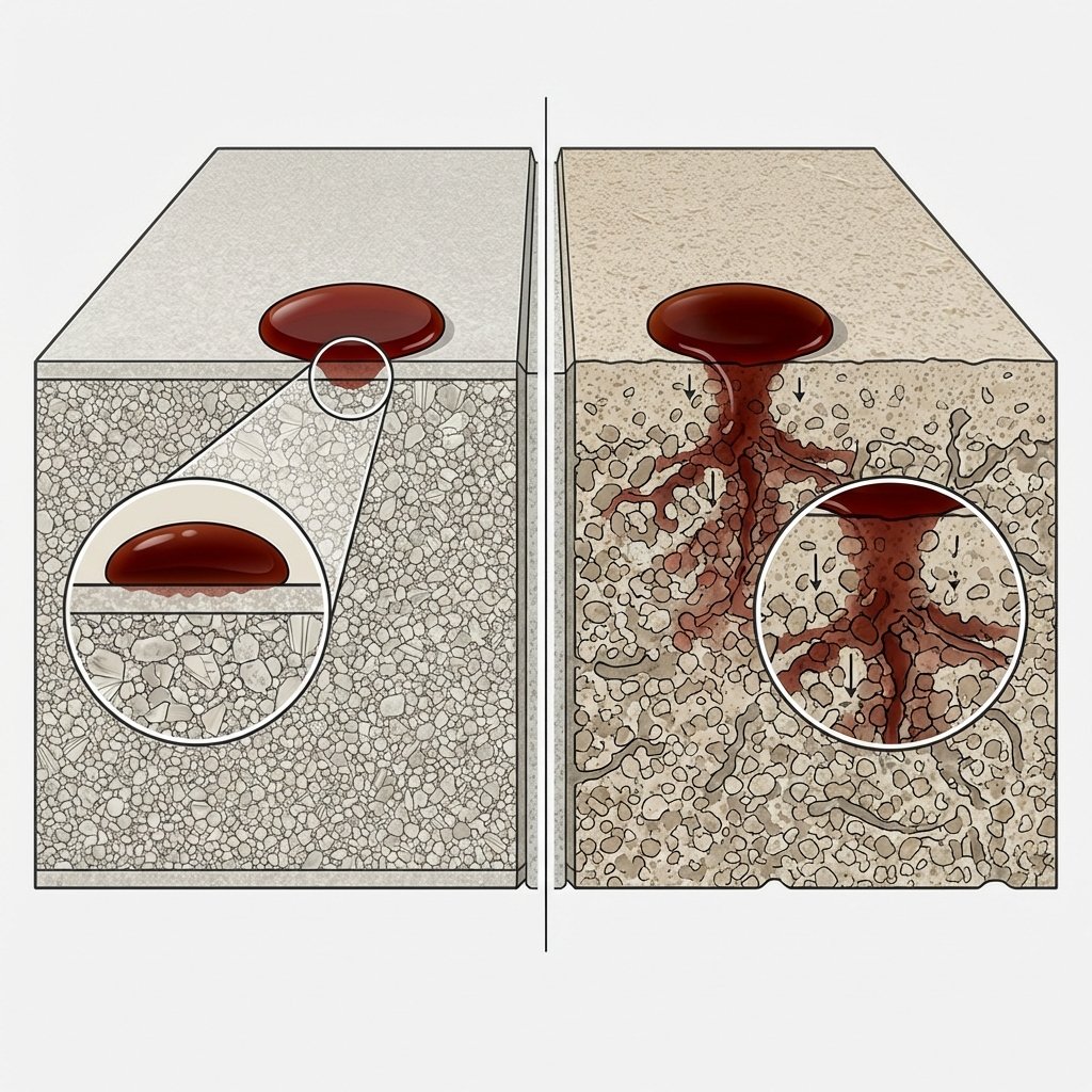A detailed, infographic-style illustration depicting a cross-section of porcelain stoneware tiles and their grout lines. On one tile, show its extremely dense, compact internal structure, with a single drop of liquid (e.g., a dark red or brown stain) resting predominantly on the surface, with minimal penetration. Next to it, illustrate a more porous grout line or unglazed tile section, where the same type of liquid drop has visibly seeped deeper into the material's structure, emphasizing the difference in porosity and stain vulnerability.