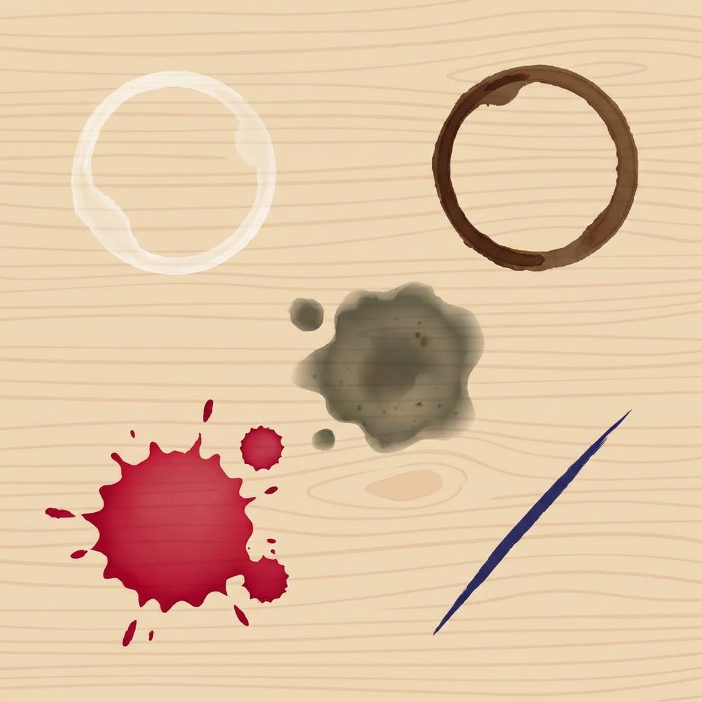 An overhead, stylized illustration showcasing different common types of stains on a light-colored wooden tabletop. Each stain is distinct and visually identifiable: a translucent white ring representing a water stain, a dark brown, circular mark for coffee, a vibrant red splash for wine, a greasy, irregular dark spot, and a thin, dark blue line indicating an ink stain. The wood grain is subtly visible beneath the stains, suggesting absorption. The overall composition is clean and infographic-like, focusing on the variety of blemishes without showing any specific cleaning actions.