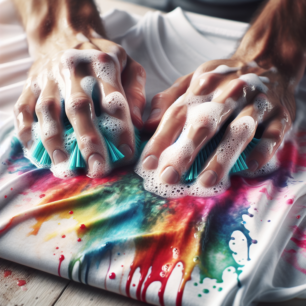 Close-up of hands diligently scrubbing a vibrant, multi-colored paint stain on a white t-shirt, with water droplets and soap suds. The background is softly blurred, hinting at a laundry setting. Realistic, detailed texture of fabric and paint.