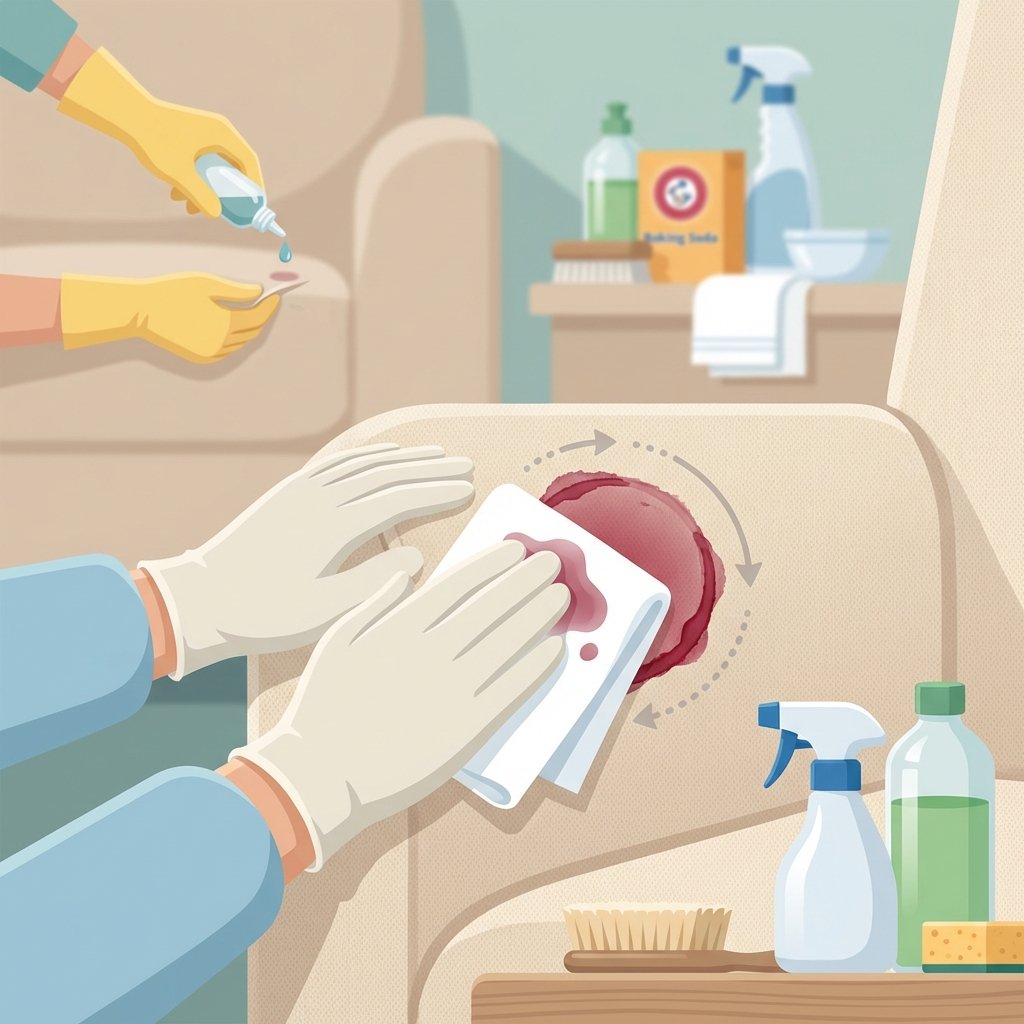 A detailed flat illustration depicting various stages of effective stain removal. In the foreground, a pair of hands gently dabs a fresh, circular red wine stain on a light beige fabric (e.g., upholstery or carpet) with a white cloth, moving carefully from the outer edge towards the center. In the background, subtly blurred, a smaller hand tests a cleaning solution on an inconspicuous corner of fabric. A selection of generic cleaning tools and bottles are visible, hinting at the 'right product'. The overall scene conveys careful, immediate action and a methodical approach.