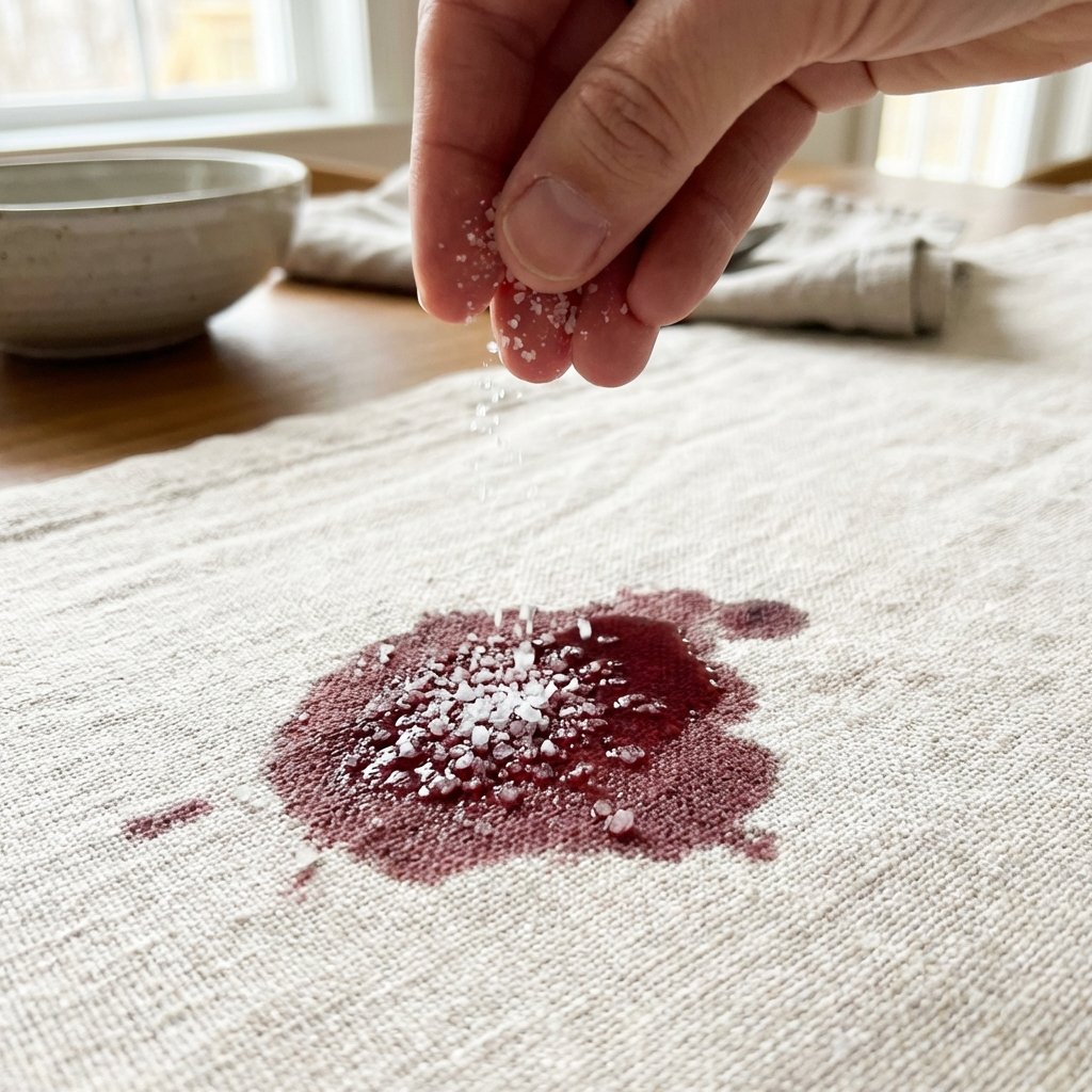 A high-quality, professional close-up photograph capturing the immediate treatment of a red wine stain. The image features a vibrant red wine spill on a light-colored textile, such as a beige or white tablecloth or carpet. A hand is shown gently sprinkling coarse white salt directly onto the wet red wine stain, demonstrating the absorption process. The focus is sharp on the stain and the salt, with clear texture of both the fabric and the salt granules. Bright, natural lighting highlights the contrast and urgency.
