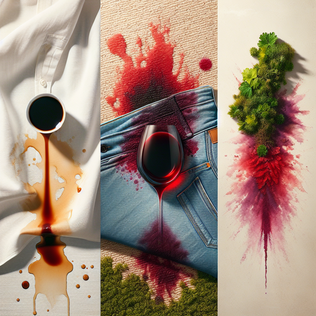 A close-up, high-angle shot of a fresh, dark coffee stain on a white linen shirt, a vibrant red wine stain on a light beige carpet, and a distinct green grass stain on blue denim jeans. The focus is on the variety of common stains and textures against the clean materials. Bright, natural lighting, sharp focus, slightly melancholic yet relatable mood.