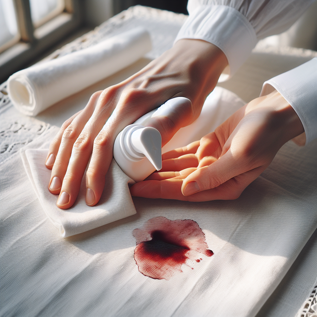 A high-angle, bright and clean shot of a white fabric tablecloth with a noticeable red wine stain. A gentle hand is applying a generic, elegant stain remover product onto the stain with a soft cloth, depicting the stain visibly fading and dissolving. The scene emphasizes modern effectiveness and easy application, with soft, natural lighting.