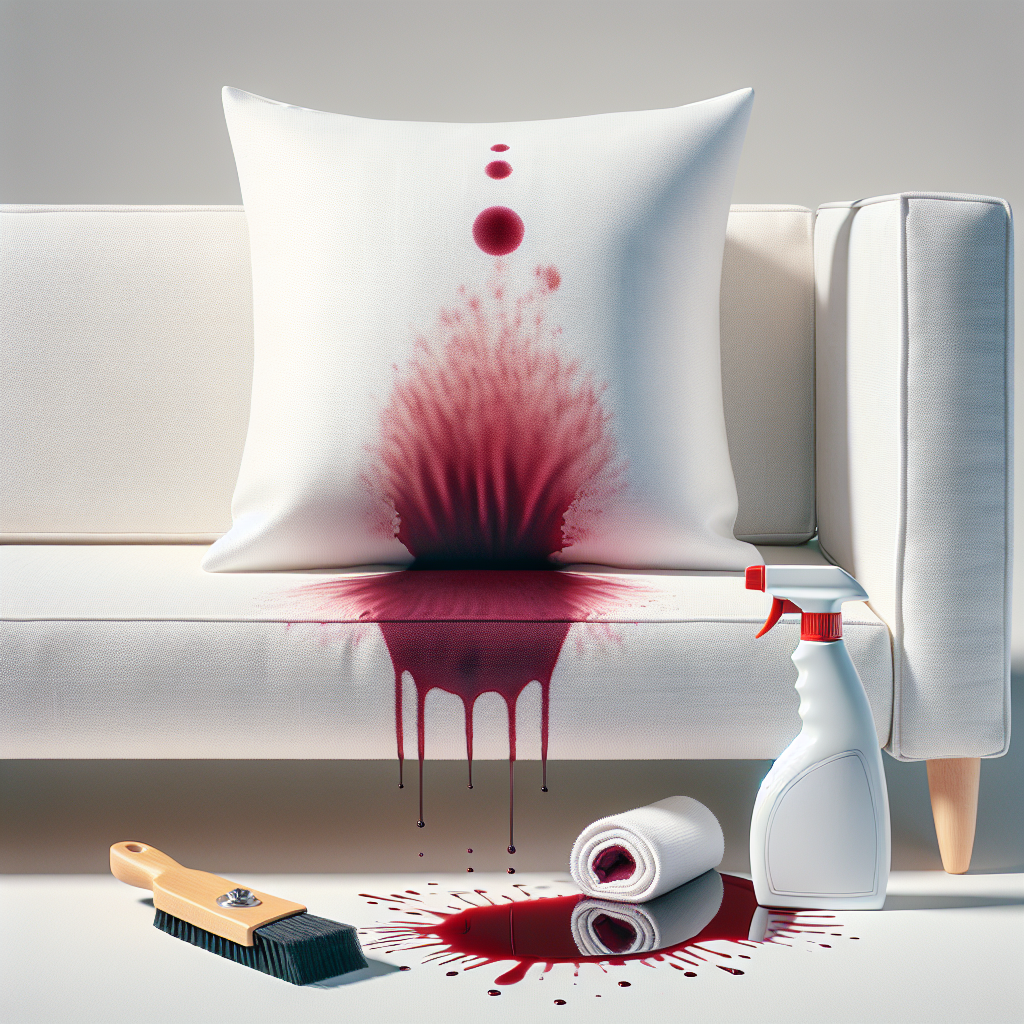 A clean, bright photo showing a common household item, like a white t-shirt or a sofa cushion, with a prominent but not overly dramatic red wine stain. Next to it, a modern, generic stain remover product (e.g., a spray bottle or a tube) is clearly visible, suggesting action. The overall scene conveys a feeling of impending cleanliness and problem-solving. Soft, natural lighting.
