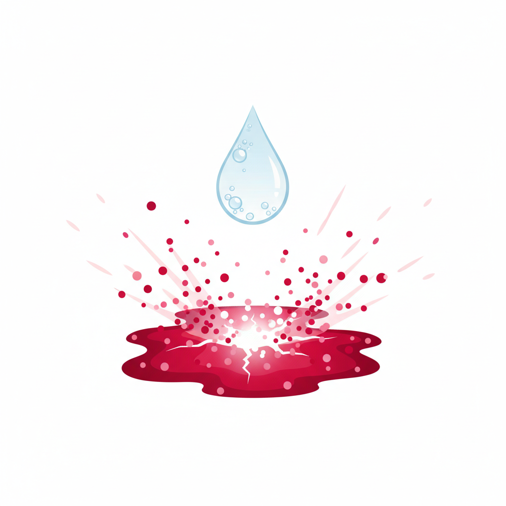 A modern, clean flat illustration showing a conceptual representation of Javelwasser's action. A drop of clear, effervescent liquid (representing Javelwasser) is actively breaking down a vibrant red wine stain on a white surface. The stain's colorful pigment molecules are depicted as visibly fragmenting and dissolving into the white background upon contact with the liquid, showcasing the bleaching effect. The overall aesthetic is bright, scientific yet accessible, focusing on the chemical breakdown of the stain.